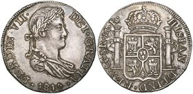 Royalist Coinage: Guadalajara, Ferdinand VII, 8 reales, 1815 MR (KM 111.3), has been mounted at top edge and repaired, including tooling of hair above...