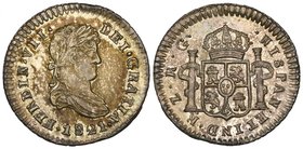 Royalist Coinage: Zacatecas, Ferdinand VII, half-real, 1821 RG, mintmark Z, 2 of date broken at top (KM 74.3), slight mint-caused flan irregularity, v...
