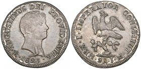 Empire of Agustín Iturbide (1822-1823), 2 reales, Mexico mint, 1823 JM, severe die flaw above date extending to the Emperor’s neck and also with metal...