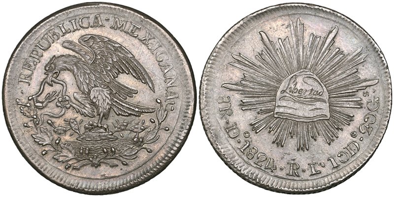 Republic, Hookneck Coinage, 8 reales, Durango mint, 1824 RL, defiant snake, smal...
