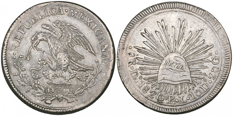 Republic, Hookneck Coinage, 8 reales, Durango mint, 1824 RL, submissive snake, l...