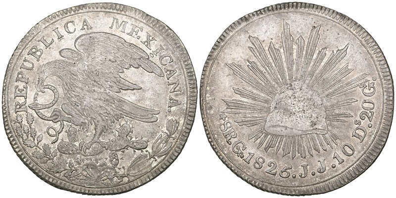 Republic, Hookneck Coinage, 8 reales, Guanajuato mint, 1825 JJ, normal date and ...