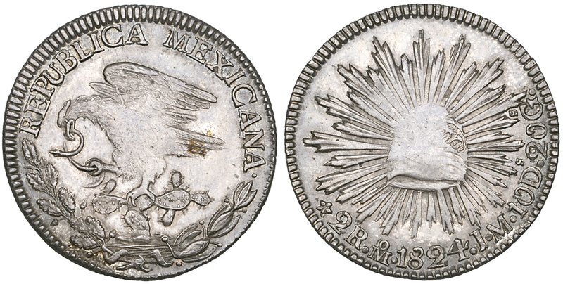 Republic, Hookneck Coinage, 2 reales, Mexico City mint, 1824 JM, type 2, 6.70g (...