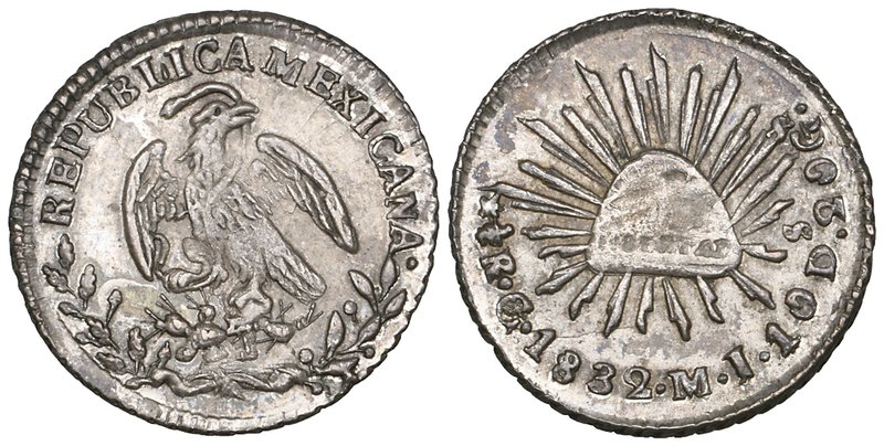 Republic, half-real, Guanajuato mint, 1832 MJ, from clashed dies and showing fai...
