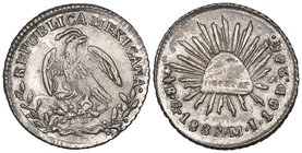 Republic, half-real, Guanajuato mint, 1832 MJ, from clashed dies and showing faint ghosting, virtually as struck. Ex Louis Collins, Texas.

Estimate...