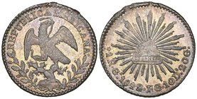 Republic, 1 real, Guadalajara mint, 1842/0 JG/MC, struck on a flan with an edge flaw, mint state. Offered in a NGC holder graded MS 65

Estimate: GB...