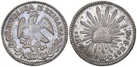 Republic, 1 real, Zacatecas mint, 1860 MO, two or three surface knocks, one causing the coin to buckle slightly at upper edge, otherwise extremely fin...