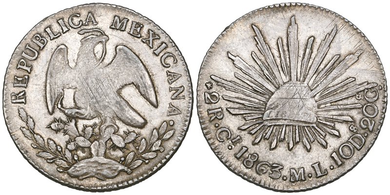 Republic, 2 reales, real de Catorce mint, 1863 ML, light adjustment marks on bot...