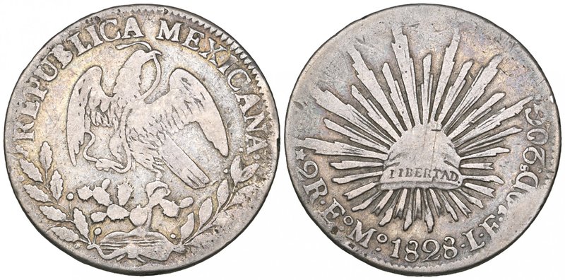 Republic, 2 reales, Estado de Mexico mint, 1828 LF, slightly buckled and with a ...