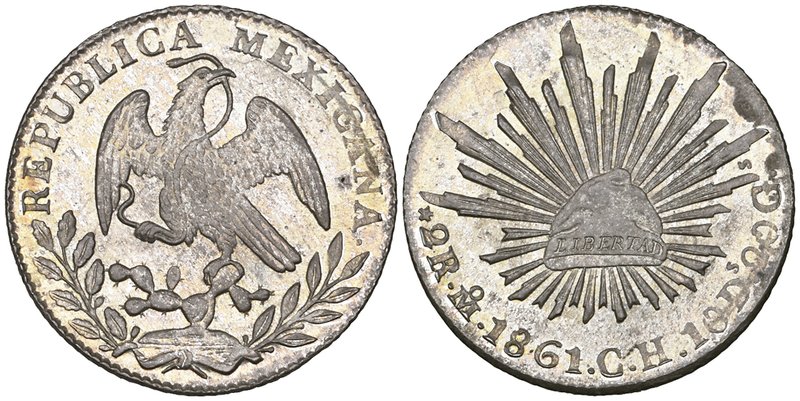 Republic, 2 reales, Mexico City mint, 1861 CH, brilliant mint state, lightly ton...