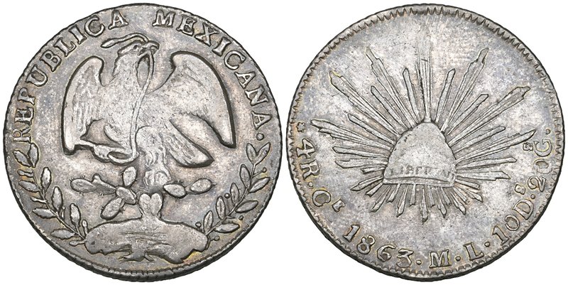 Republic, 4 reales, Real de Catorce mint, 1863 ML, with small C in mintmark (KM ...