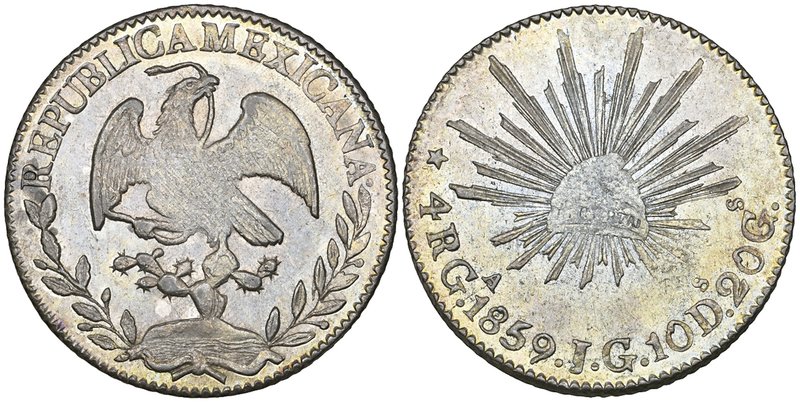 Republic, 4 reales, Guadalajara mint, 1859/8 JG, softly struck at centre but min...