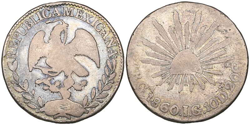 Republic, 4 reales, Guadalajara mint, 1860 JG, several edge bruises, only fair o...