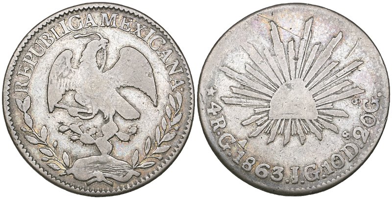 Republic, 4 reales, Guadalajara mint, 1863/2 JG, very good, scarce

Estimate: ...