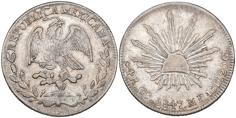 Republic, 4 reales, Guadalupe y Calvo mint, 1847 MP, good fine, very rare. Ex Al...