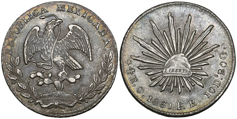 Republic, 4 reales, Oaxaca mint, 1861 FR, ornamental edge, extremely fine

Est...