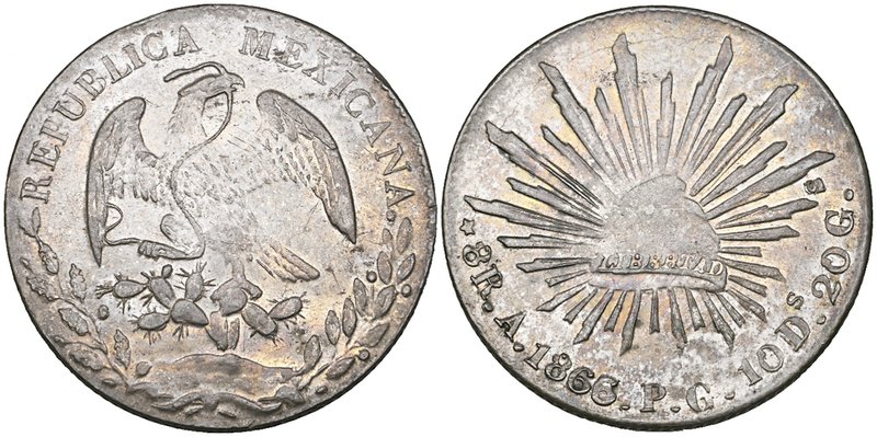 Republic, 8 reales, Alamos mint, 1866/5 PG, second 6 of date over 5 (as all are)...