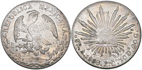 Republic, 8 reales, Alamos mint, 1866/5 PG, second 6 of date over 5 (as all are), 26.88g (DP-As03), with clear libertad on cap, good extremely fine wi...