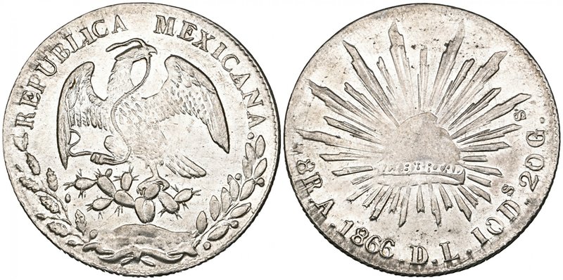 Republic, 8 reales, Alamos mint, 1866 DL, reads I0 Ds for 10 Ds (DP-As04), mint ...