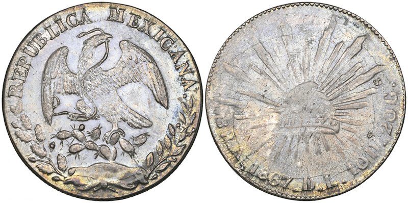 Republic, 8 reales, Alamos mint, 1867 DL (DP-As05), cap and rays struck from a s...
