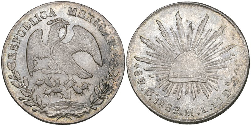 Republic, 8 reales, Real de Catorce mint, 1863 ML, variety with the mintmark Ce ...