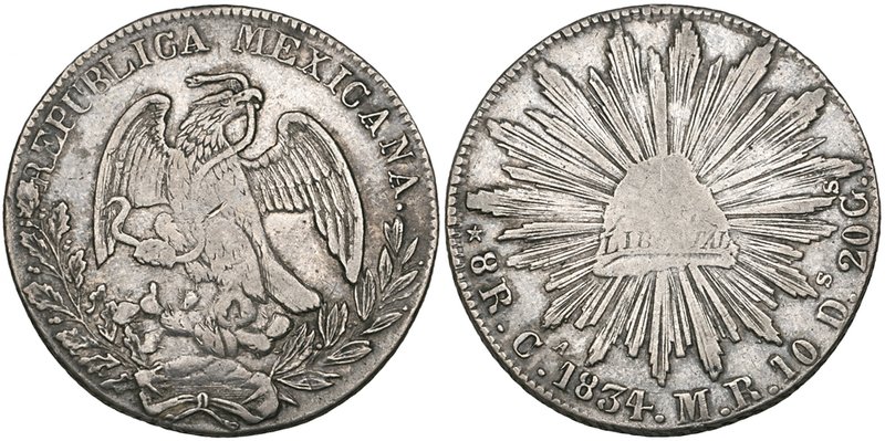 Republic, 8 reales, Chihuahua mint, 1834 MR (DP-Ca04), good fine and rare. Ex Su...