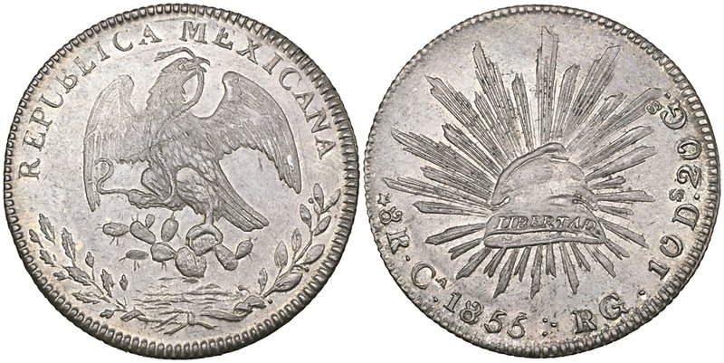 Republic, 8 reales, Chihuahua mint, 1855 RG, normal date (though 8 and second 5 ...
