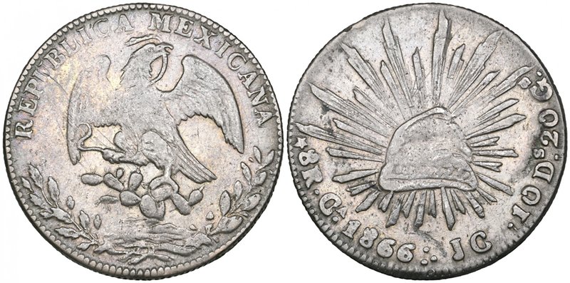 Republic, 8 reales, Chihuahua mint, 1866 JC, 26.74 g (DP-Ca41), somewhat softly ...