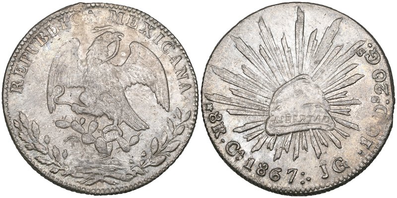 Republic, 8 reales, Chihuahua mint, 1867 JG, 26.91g (DP-Ca43), about uncirculate...