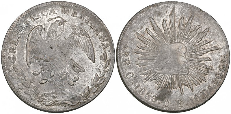Republic, 8 reales, Culiacán mint, 1853 CE, with Sonora cap, variety with error ...