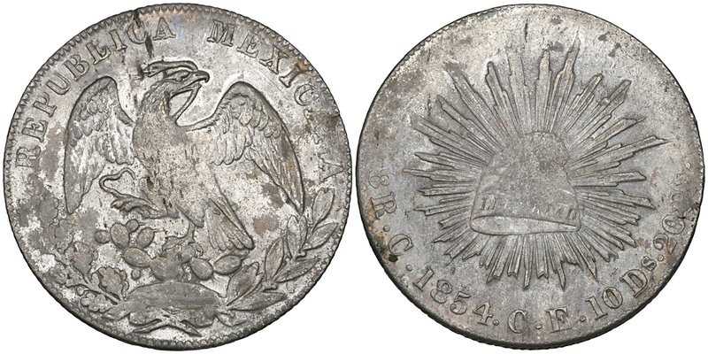 Republic, 8 reales, Culiacán mint, 1854 CE, Sonora Cap and Sonora Eagle, normal ...