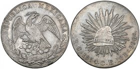 Republic, 8 reales, Culiacán mint, 1854 CE, Sonora Cap and Sonora Eagle, similar to the last but 4 of date over repunched 4 (cf DP-Cn09), small rim br...