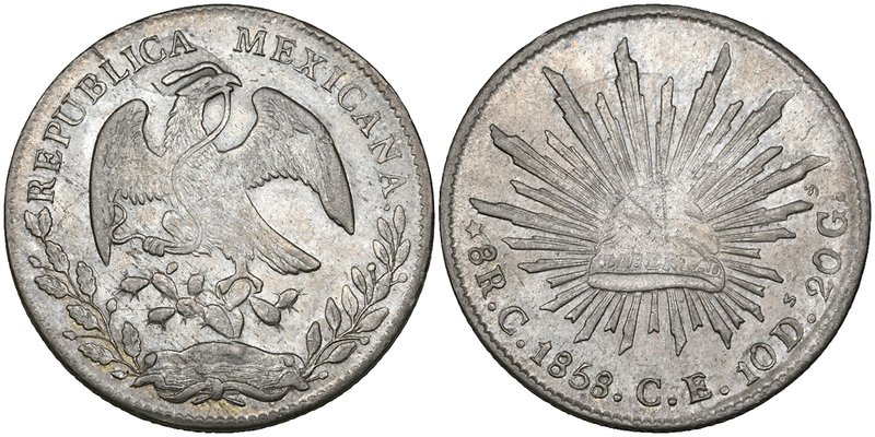 Republic, 8 reales, Culiacán mint, 1858 CE (DP-Cn13), virtually mint state, from...
