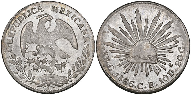 Republic, 8 reales, Culiacán mint, 1866 CE, with five-pointed star (DP-Cn23a), m...