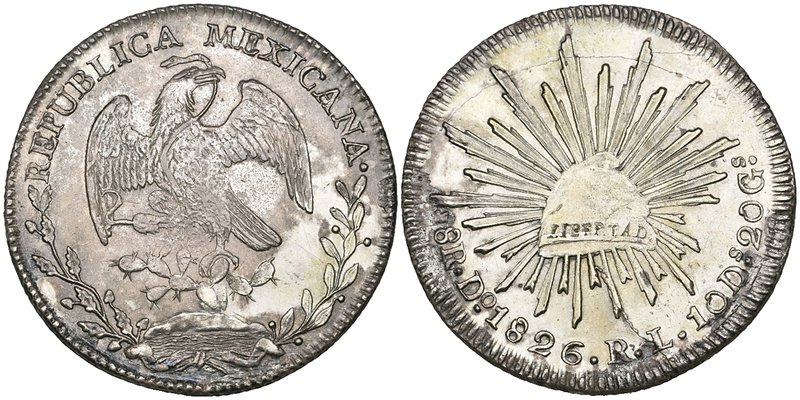 Republic, 8 reales, Durango mint, 1826 RL, normal date (DP-Do03), impaired by su...