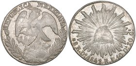 Republic, 8 reales, Durango mint, 1842/32 RM, variety with b on rock below cactus, probably for the Mint Director M. Bras-de-Fer, struck in coinage al...