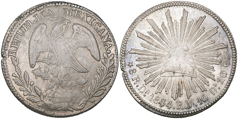 Republic, 8 reales, Durango mint, 1844/34 RM, 26.5g (DP-Do21b), obverse with myr...