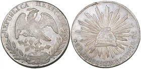 Republic, 8 reales, Durango mint, 1849 JMR/CM, die style of 1842-49, with weak y on eagle and very weak (but clear) bgy in rays, 27.69g (DP-Do28a), mi...