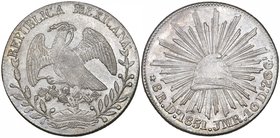 Republic, 8 reales, Durango mint, 1851 JMR, 10 Ds over 01 Ds (DP-Do30b), eagle’s breast weakly struck, mint state and lightly toned, a very rare varie...