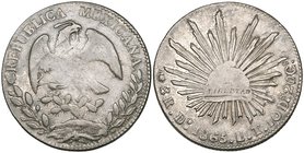Republic, 8 reales, Durango mint, 1865 LT (DP-Do46), eagle weak and only about fine but cap and rays very fine and clear, with full libertad on cap, t...