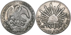 Republic, 8 reales, Durango mint, 1866/4 CM, CM/LT (as all are) (DP-Do47), struck from clashed dies, with ‘ghosting’ at the eagle’s neck, also with tw...