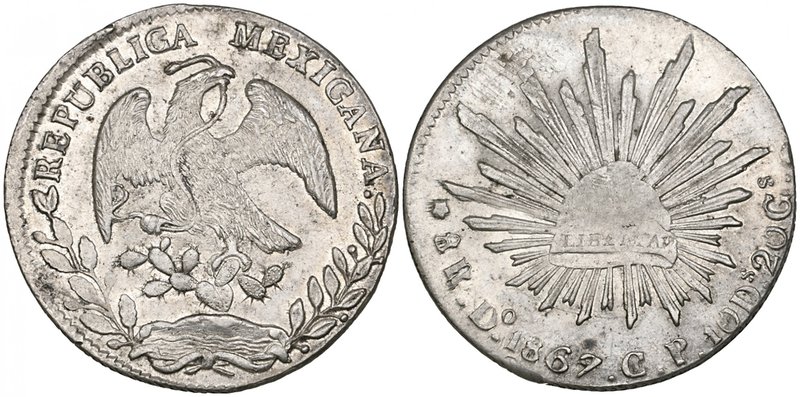 Republic, 8 reales, Durango mint, 1867 CP, normal date (though with a die flaw a...