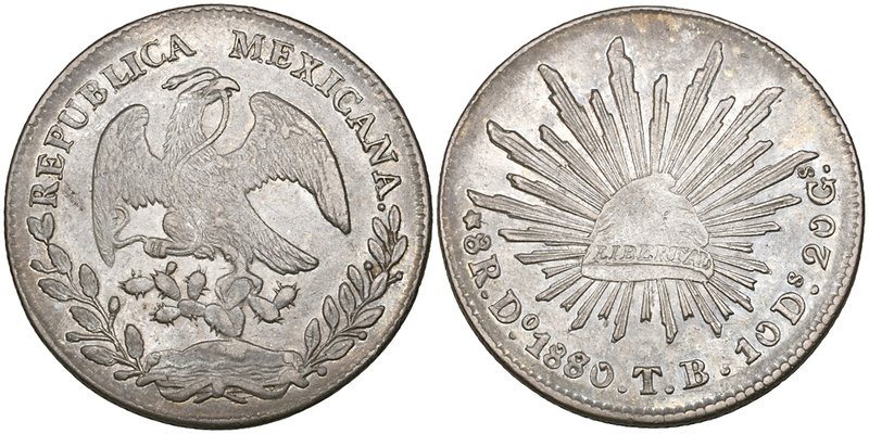 Republic, 8 reales, Durango mint, 1880 TB, second 8 of date over 7 (DP-Do67a), e...