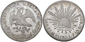 Republic, 8 reales, Estado de Mexico mint, 1830 LF, 3 of date over 2 (DP-EoMo03a), characterized by two small flan flaws on the obverse rim at 2-3 o’c...