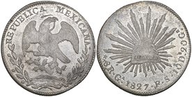 Republic, 8 reales, Guadalajara mint, 1827 FS, normal date (DP-Ga03), a little softly struck at centre as usual, mint state, rare thus. Offered in a N...