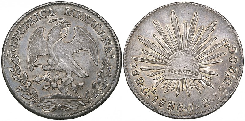 Republic, 8 reales, Guadalajara mint, 1836 JG, normal date (DP-Ga15c), good very...
