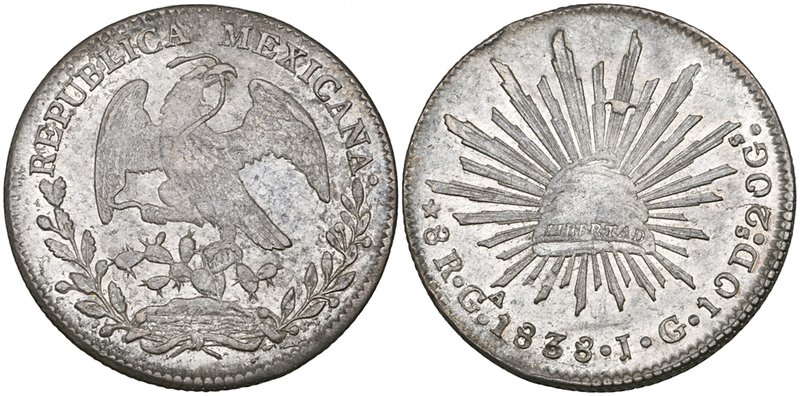 Republic, 8 reales, Guadalajara mint, 1838 JG (DP-Ga17), small rim bruise at 11 ...
