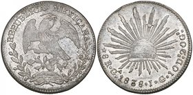 Republic, 8 reales, Guadalajara mint, 1838 JG (DP-Ga17), small rim bruise at 11 0’clock and with an unusual die flaw in rays, extremely fine

Estima...