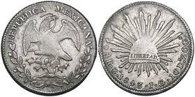 Republic, 8 reales, Guadalajara mint, 1843 JG, struck in medal alignment (DP-Ga23a), very softly struck at centres, good very fine or extremely fine a...