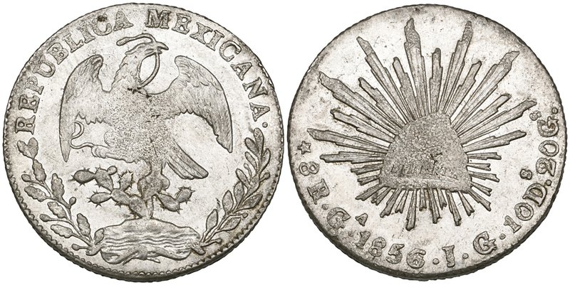 Republic, 8 reales, Guadalajara mint, 1856/4 JG (DP-Ga38a), typical weakness of ...